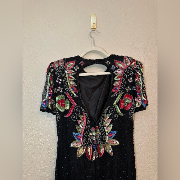 Vintage Black Beaded Sequin Cocktail Dress | Floral Art Deco Embellished Sheath - Picture 11 of 16